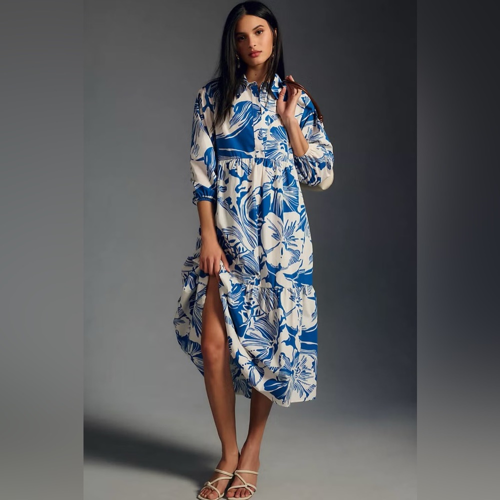 Anthropologie Bettina Tiered Shirt Dress Blue Floral